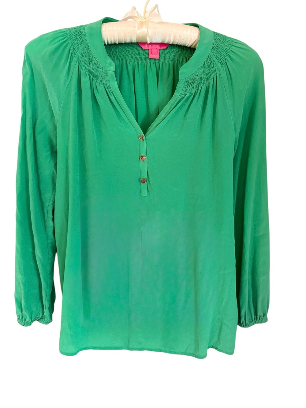 Lilly Pulitzer Emerald Green Smocked-Yoke Button Front Blouse